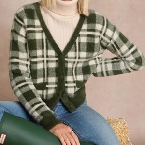 Lulus Coziest Dream Dark Green And Ivory Plaid Eyelash Knit Cardigan - Size M